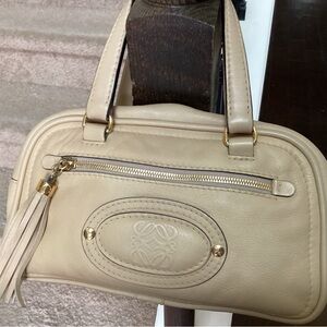 Loewe Embossed Logo Cream Leather Shoulder Bag
